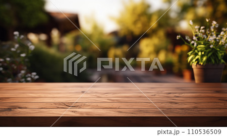 AI-generated content. Warm wooden surface with a soft-focus garden and potted plants in the background 110536509