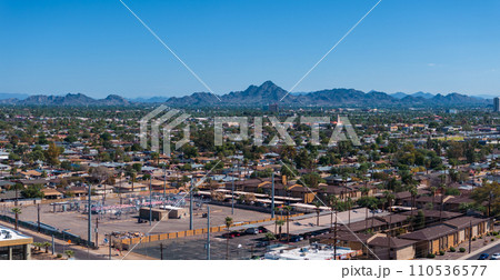 Phoenix city downtown skyline cityscape of Arizona in USA. Top view of downtown Phoenix Arizona on a summer day in USA. Phoenix city downtown skyline cityscape of Arizona in USA. Top view of downtown Phoenix Arizona on a summer day in USA. 110536577