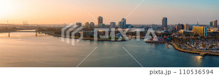 Aerial panoramic view of the Long Beach coastline, harbour, skyline and Marina in Long Beach with Palm Trees,. Beautiful Los Angeles. Aerial panoramic view of the Long Beach coastline, harbour, skyline and Marina in Long Beach with Palm Trees,. Beautiful Los Angeles. 110536594