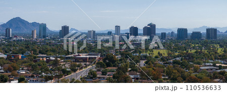 Phoenix city downtown skyline cityscape of Arizona in USA. Top view of downtown Phoenix Arizona on a summer day in USA. Phoenix city downtown skyline cityscape of Arizona in USA. Top view of downtown Phoenix Arizona on a summer day in USA. 110536633