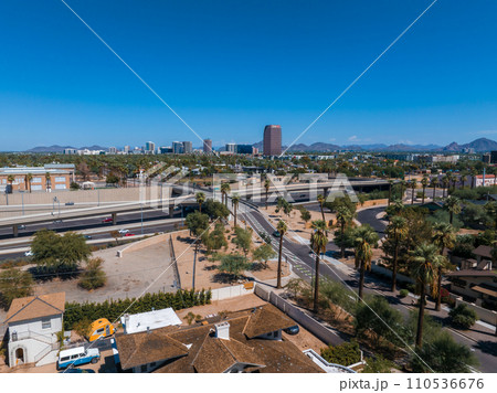 Phoenix city downtown skyline cityscape of Arizona in USA. Top view of downtown Phoenix Arizona on a summer day in USA. Phoenix city downtown skyline cityscape of Arizona in USA. Top view of downtown Phoenix Arizona on a summer day in USA. 110536676
