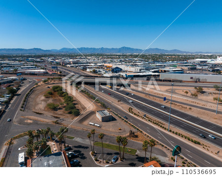 Phoenix city downtown skyline cityscape of Arizona in USA. Top view of downtown Phoenix Arizona on a summer day in USA. 110536695