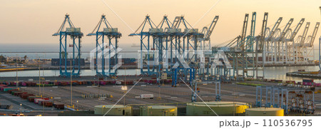 Thousands of shipping containers in the port of Long Beach near Los Angeles California. The Port of Long Beach in southern California during sunset. 110536795