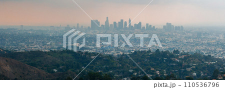 Los Angeles hot sunset view with palm tree and downtown in background. California, USA theme - background. Art photography 110536796