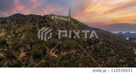 Famous Hollywood Sign in Mount Lee in Los Angeles, California. Aerial view of the Hollywood hills. 110536831
