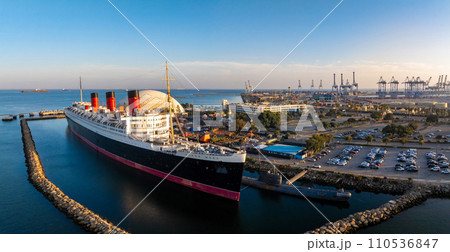 Panoramic aerial view of Long Beach and Queen Mary, California. Panoramic aerial view of Long Beach and Queen Mary, California. 110536847