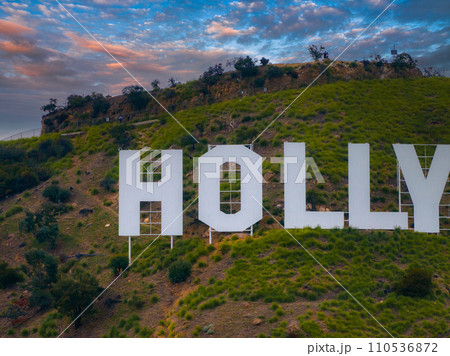Famous Hollywood Sign in Mount Lee in Los Angeles, California. Aerial view of the Hollywood hills. 110536872