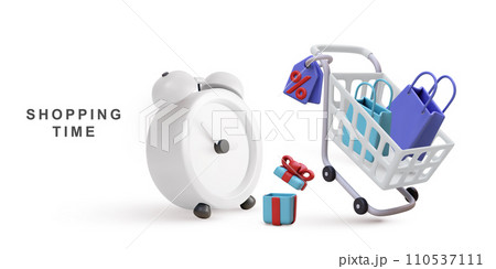 3d realistic shopping banner store, cart, gifts, market bags in style. Vector illustration. 3d realistic shopping banner store, cart, gifts, market bags in style. Vector illustration. 110537111