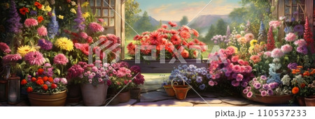 Beautiful colorful variety of spring and summer flowers in pots on the patio, banner 110537233