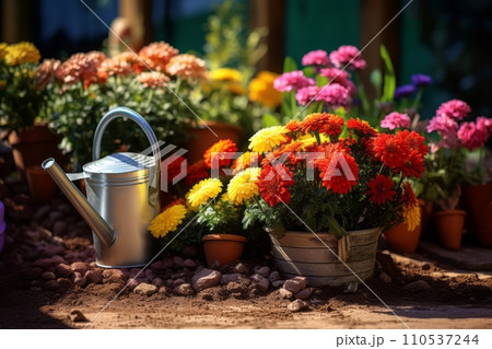 Beautiful colorful variety of spring and summer flowers in pots and a watering can on the patio 110537244