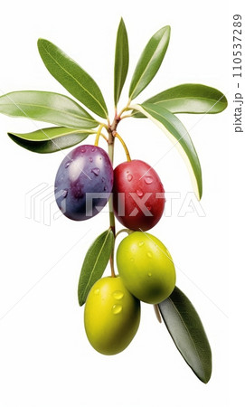 Fresh olives with leaves close-up on white background Fresh olives with leaves close-up on white background 110537289