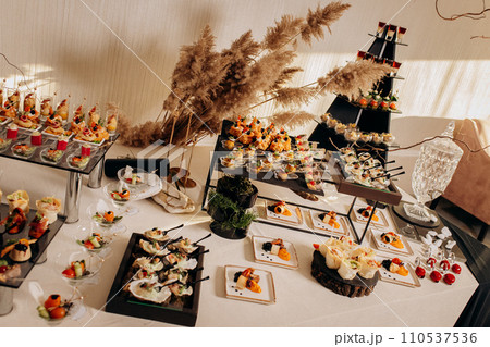 Assortment of delicious snacks on the open buffet festive table in restaurant. Catering plate Assortment of delicious snacks on the open buffet festive table in restaurant. Catering plate 110537536