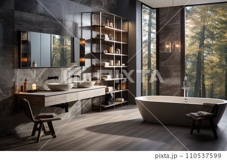 Bath space with smooth surfaces and minimalistic detailing. Natural and neutral color tones Bath space with smooth surfaces and minimalistic detailing. Natural and neutral color tones 110537599