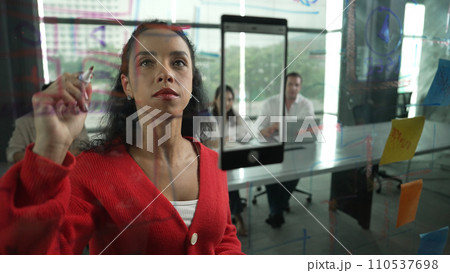 Hispanic businesswoman present start up marketing idea to investor. Manipulator 110537698