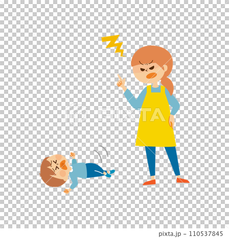 Cute illustration of a child having a tantrum and an angry mother Cute illustration of a child having a tantrum and an angry mother 110537845