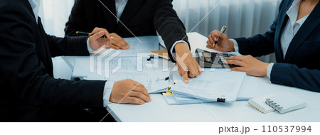 Corporate accountant team use calculator to calculate financial report. Shrewd 110537994