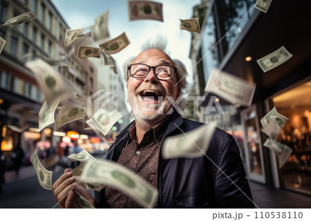 AI-generated content. Happy person getting bonus money and banknotes flying in the air comeliness 110538110