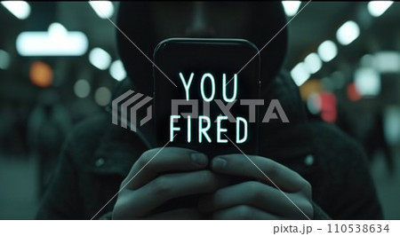 AI-generated content. A person holding up a phone with the words you fired written on it, AI 110538634