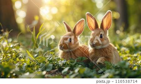 AI-generated content. Two rabbits are sitting in the grass next to each other, AI 110538714