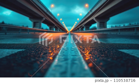 AI-generated content. A view of a bridge with lights on it and some water, AI 110538716