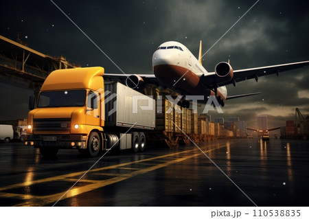 AI-generated content. Global business logistics import export concept airplane truck train ship container Generative AI AI-generated content. Global business logistics import export concept airplane truck train ship container Generative AI 110538835