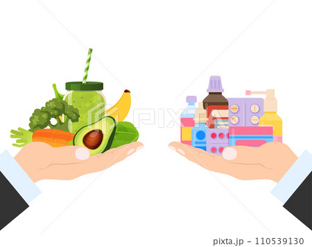 Drug tablet and healthy vegetable nutrition choice, vector illustration. Vitamin in cure pill and natural fresh green product. 110539130