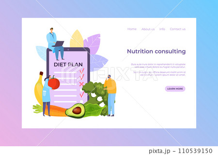 Nutrition consulting, diet plan vector illustration. Doctor people cartoon character consult patient about fresh meal, banner Nutrition consulting, diet plan vector illustration. Doctor people cartoon character consult patient about fresh meal, banner 110539150
