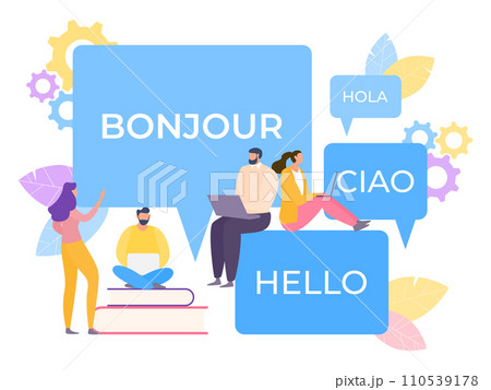 Online multi language translator vector Illustration. Application simplifies learning speech. Technology convert correspondence. Online multi language translator vector Illustration. Application simplifies learning speech. Technology convert correspondence. 110539178