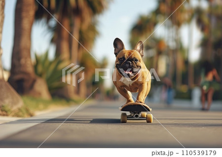 AI-generated content. Skateboarding dog. Funny dog rides skateboard on the street in summer city AI-generated content. Skateboarding dog. Funny dog rides skateboard on the street in summer city 110539179