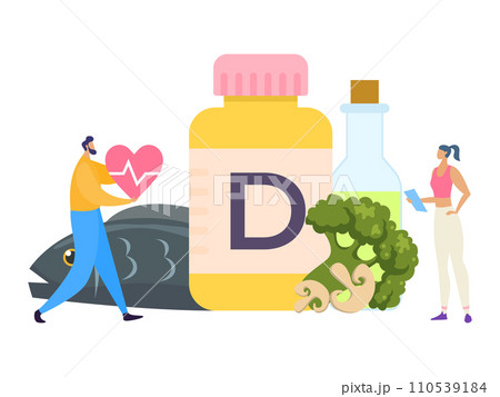 Healthy food, vitamin d, diet, vector Illustration. Foods help replenish body's vitamin supply. Man hold heart symbol in hands 110539184