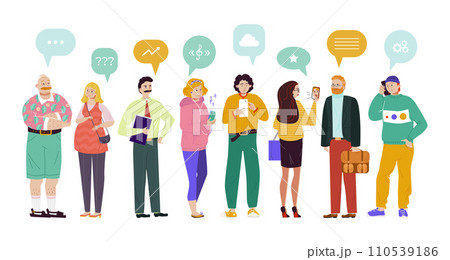 Group people speech bubbles comunication vector Illustration. Chat participants ask questions, find music, discuss various topics. Group people speech bubbles comunication vector Illustration. Chat participants ask questions, find music, discuss various topics. 110539186