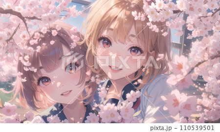桜の木の下で記念撮影をする女子高生 桜の木の下で記念撮影をする女子高生 110539501