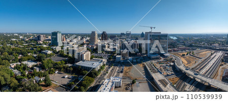 The Tower Bridge in Sacramento, California with the city of of Sacramento in the background and blue sky The Tower Bridge in Sacramento, California with the city of of Sacramento in the background and blue sky 110539939