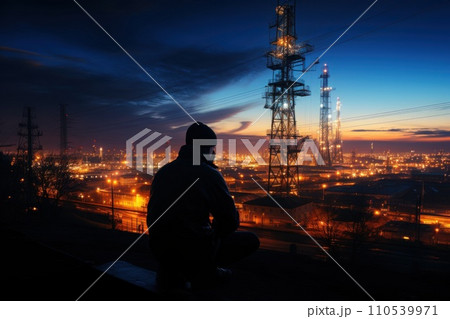 AI-generated content. Silhouette of communication tower against twilight sky with person testing signal. Generative AI 110539971