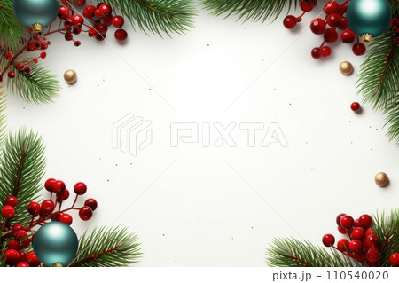 AI-generated content. Christmas frame with fir branches and ornaments, in the style of white background. Generative AI 110540020