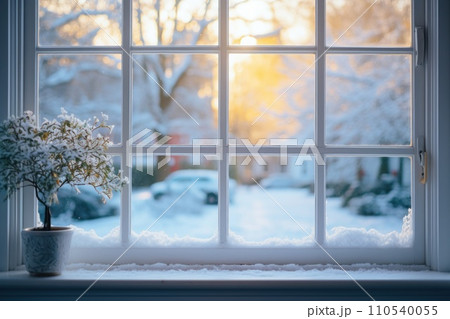 AI-generated content. White windows with Winter view. Generative AI 110540055