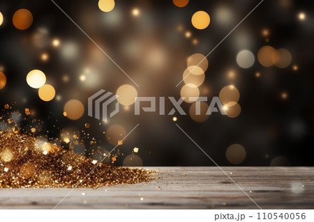 AI-generated content. Dark grey background gold sparkles, gold glitter, gold bokeh in foreground. Generative AI 110540056
