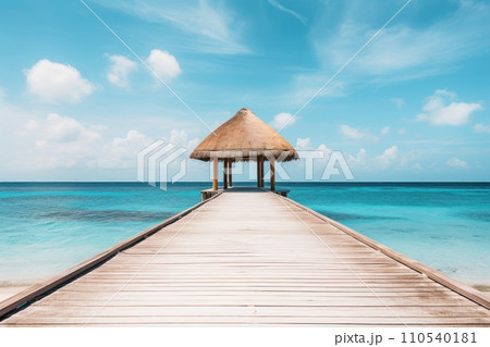 AI-generated content. Tropical beach pier with a hut at the end minimalist ocean view. Generative AI 110540181