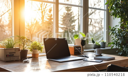 AI-generated content. Interior of home office with wooden office desk with laptop near big window. Generative AI 110540218