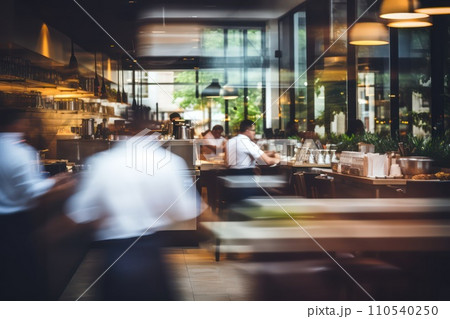 AI-generated content. Blurred restaurant background with some people eating and chefs and waiters working. Generative AI 110540250