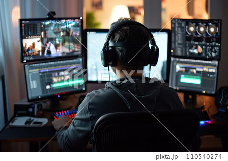 AI-generated content. The editor is editing the video at the computer. Generative AI 110540274