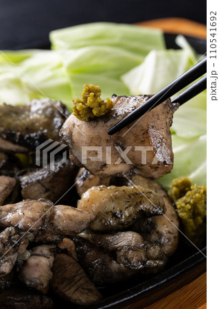 柚子胡椒をつけて地鶏を食べる 柚子胡椒をつけて地鶏を食べる 110541692
