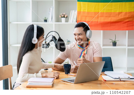Podcaster is interviewing a guest about the content topic of LGBTQIA. Podcast concept Podcaster is interviewing a guest about the content topic of LGBTQIA. Podcast concept 110542207