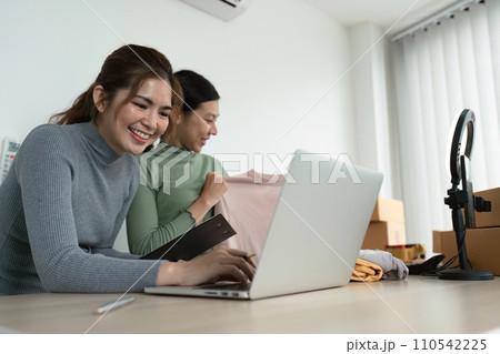 Young woman online business owner is typing details on a laptop in preparation for sending products to customers Young woman online business owner is typing details on a laptop in preparation for sending products to customers 110542225