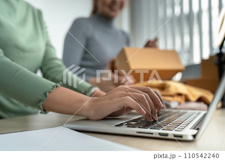 Young woman online business owner is typing details on a laptop in preparation for sending products to customers Young woman online business owner is typing details on a laptop in preparation for sending products to customers 110542240