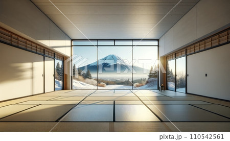 AI-generated content. Empty room and wall and wooden floor with interesting. Japan style. Interior background for the presentation. Generative AI 110542561