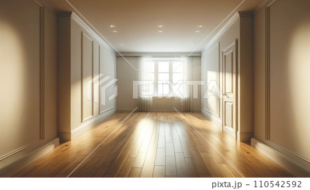 AI-generated content. Empty room and wall and wooden floor with interesting with glare from the window. Interior background for the presentation. Generative AI 110542592