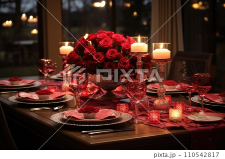 AI-generated content. Romantic dinner with a red rose bouquet and candle. Generative AI 110542817
