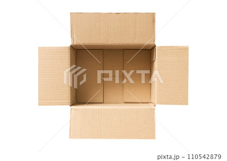 Open empty brown cardboard box isolated on white background top view Open empty brown cardboard box isolated on white background top view 110542879