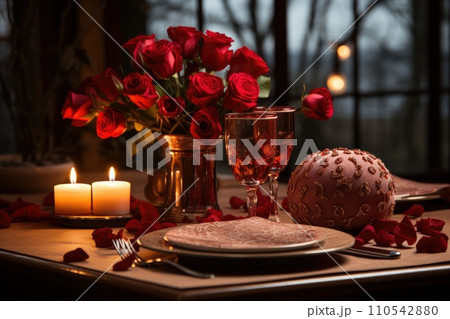 AI-generated content. Romantic dinner with a red rose bouquet and candle. Generative AI 110542880